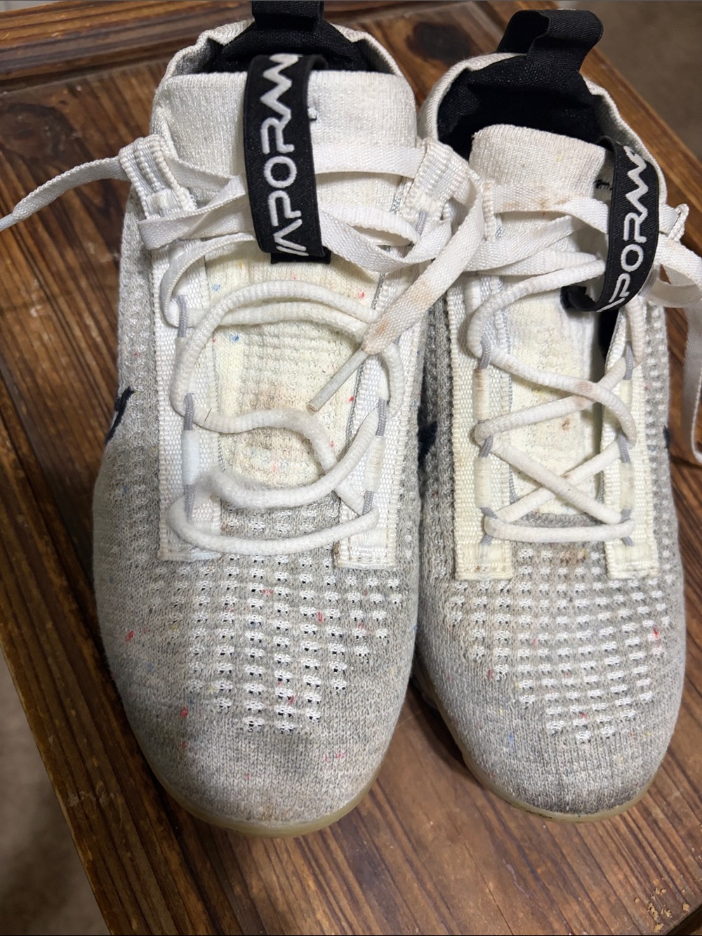 Nike Flyknit Athletic Sneakers in White and Light Gray with Black Tabs- 4 youth